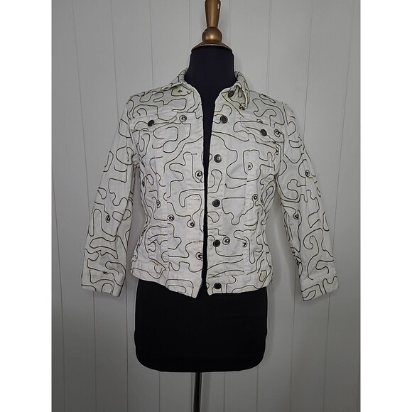 Vintage Ruby Rd Denim Artsy Jacket Womens Size 6 White Black Retro Artsy - Picture 1 of 10
